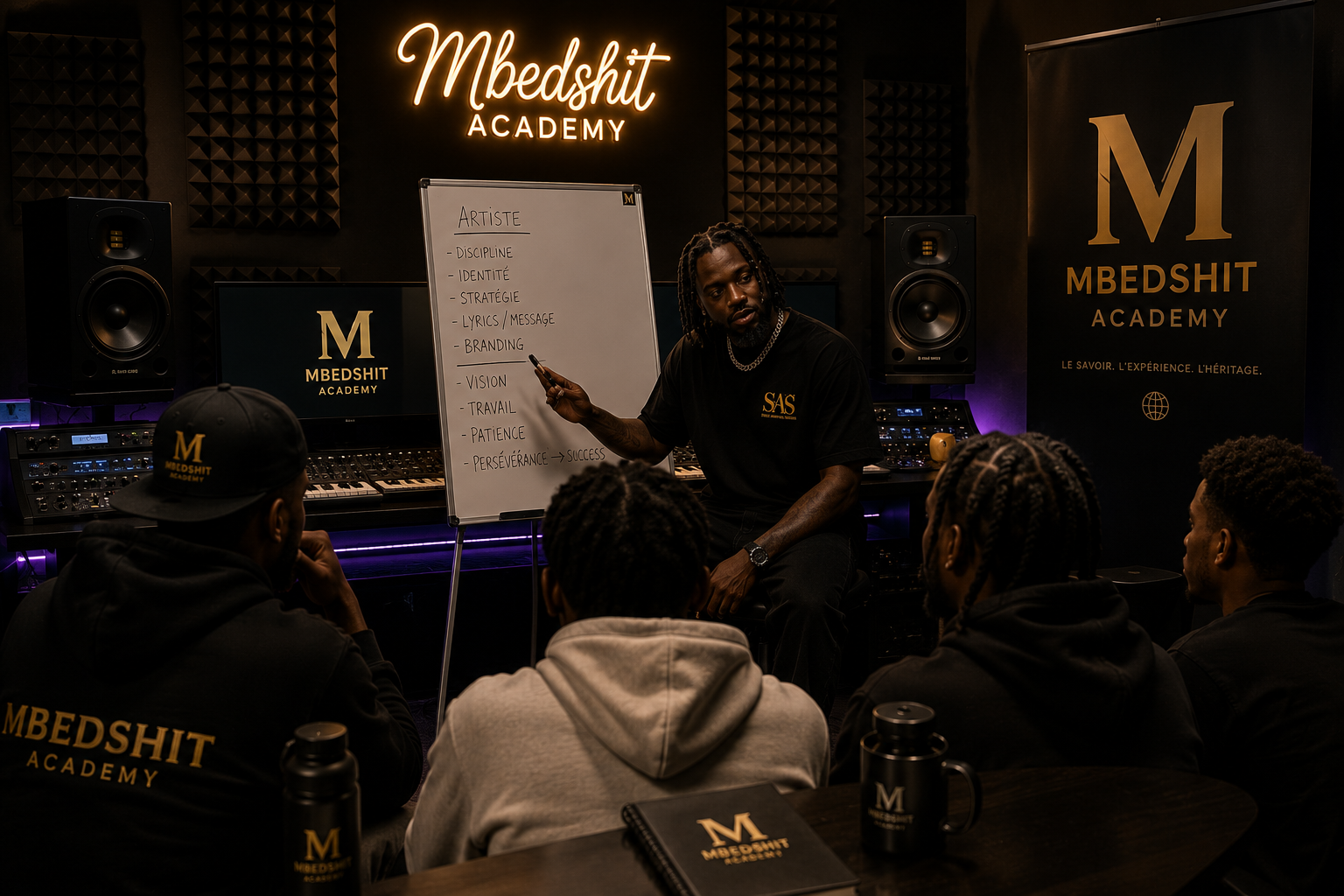 MBEDSHIT ACADEMY : artiste mentor devant un petit groupe en studio, symbolisant la transmission et la formation.