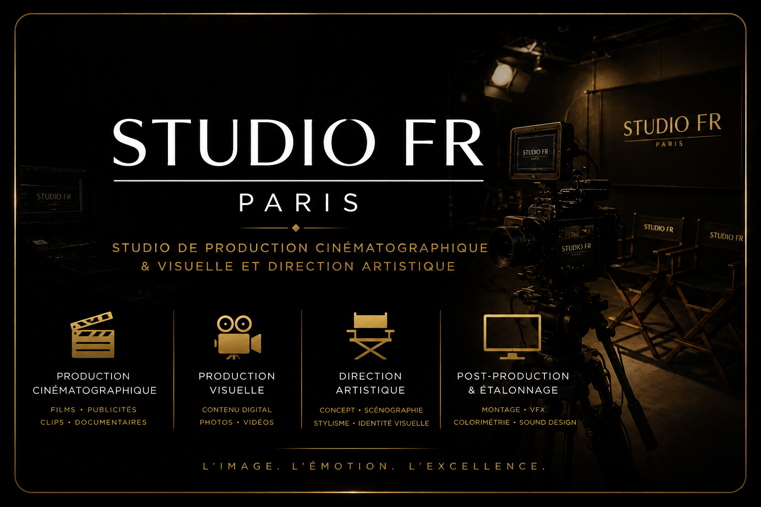 Badge 🎬 PRODUCTION VISUELLE Titre STUDIO FR PARIS Description Studio de production cinématographique, audiovisuelle et direction artistique spécialisé dans les clips, publicités, documentaires, contenus de marque et productions créatives. Bouton Voir les réalisations