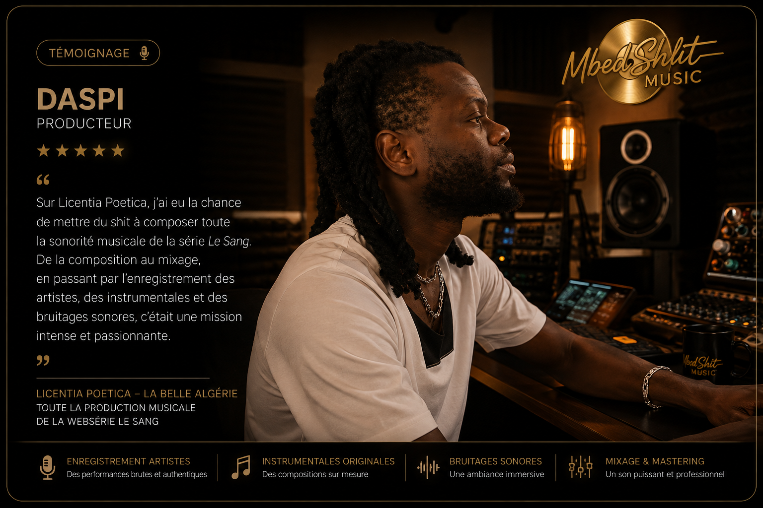 PORTRAIT DASPI (Professionnel) Titre : La vision derrière MbedShit Music Description : Plus qu'un producteur, Daspi Bianchi construit des univers sonores. Son approche allie créativité, exigence technique et accompagnement artistique afin de donner à chaque projet une identité forte et intemporelle.