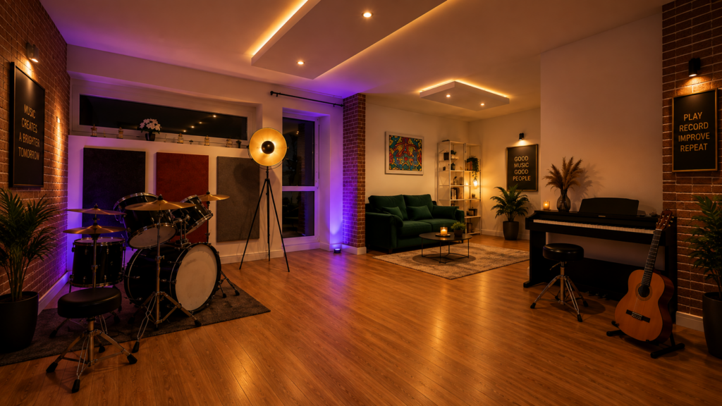 Studio MBEDSHIT MUSIC avec piano, batterie et guitares